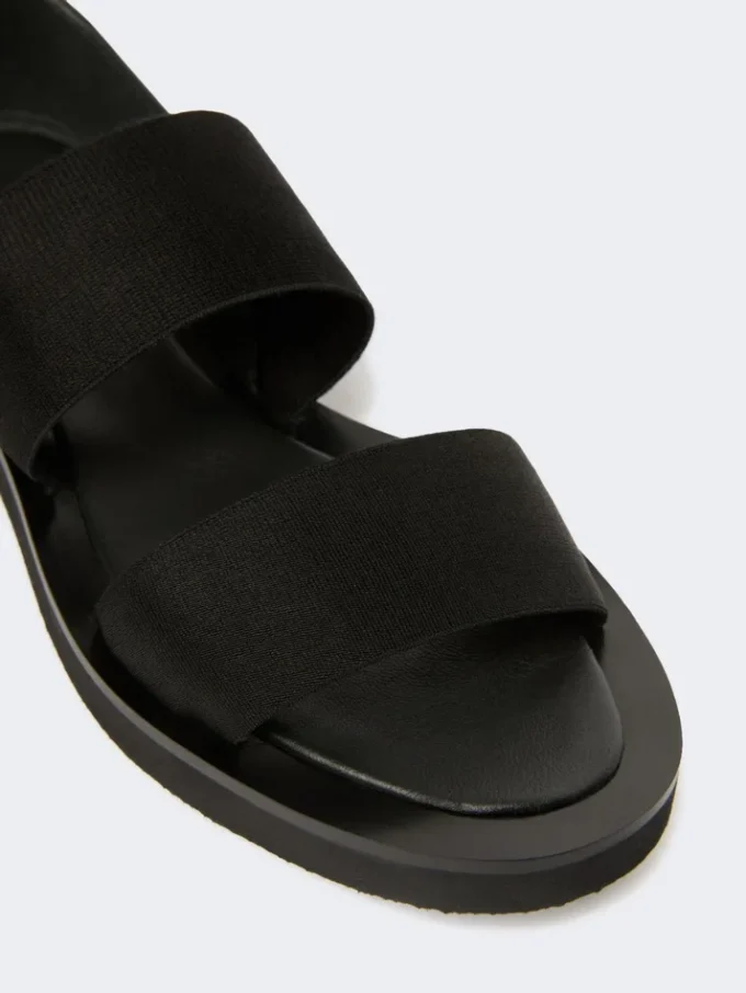 Sandalias planas de piel y tejido elástico, negro Sandalias planas de piel y tejido elástico, negro