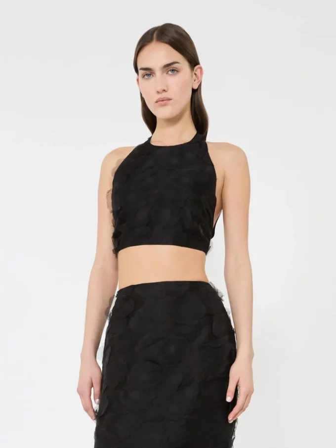 Top corto de jacquard de seda fil coupa, negro Top corto de jacquard de seda fil coupa, negro