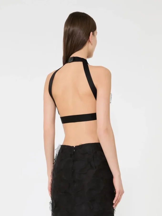 Top corto de jacquard de seda fil coupa, negro Top corto de jacquard de seda fil coupa, negro