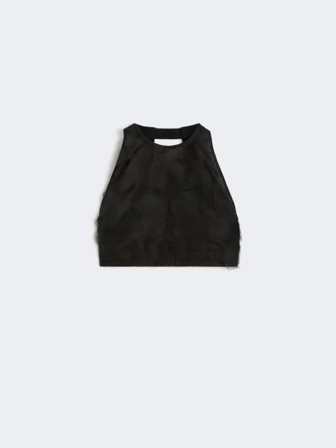 Top corto de jacquard de seda fil coupa, negro Top corto de jacquard de seda fil coupa, negro