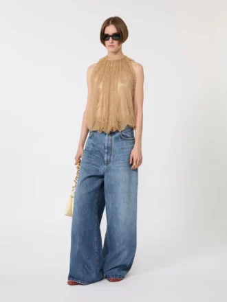 Top de malla con cristales, color camel