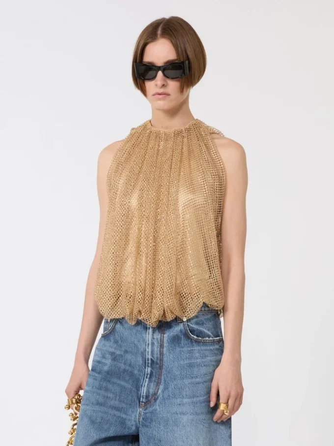 Top de malla con cristales, color camel Top de malla con cristales, color camel