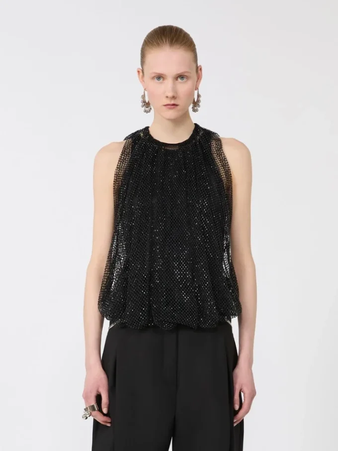Top de malla con cristales, negro Top de malla con cristales, negro