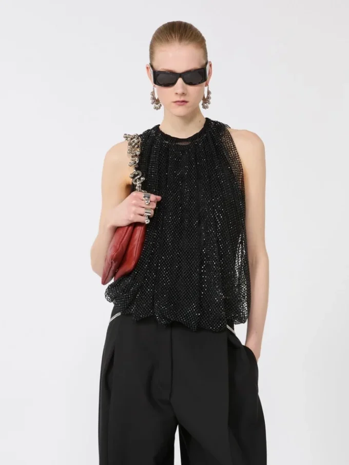 Top de malla con cristales, negro Top de malla con cristales, negro