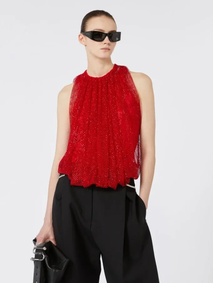 Top de malla con cristales, rojo Top de malla con cristales, rojo
