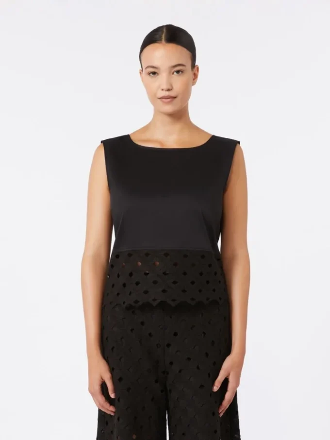 Top de popelín y encaje de macramé, negro Top de popelín y encaje de macramé, negro