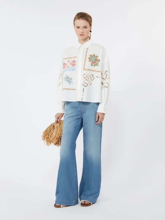 Blusa de algodón con encaje y bordados, blanca Blusa de algodón con encaje y bordados, blanca