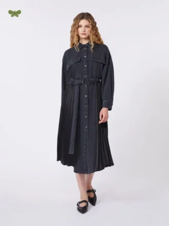 Vestido camisero de denim y satén, negro