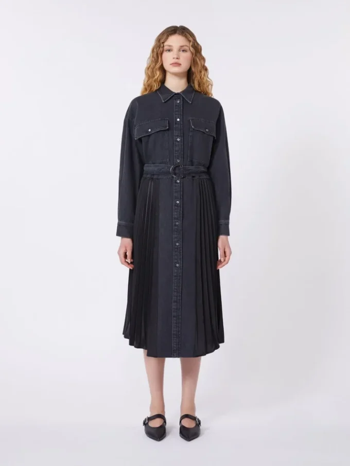 Vestido camisero de denim y satén, negro Vestido camisero de denim y satén, negro