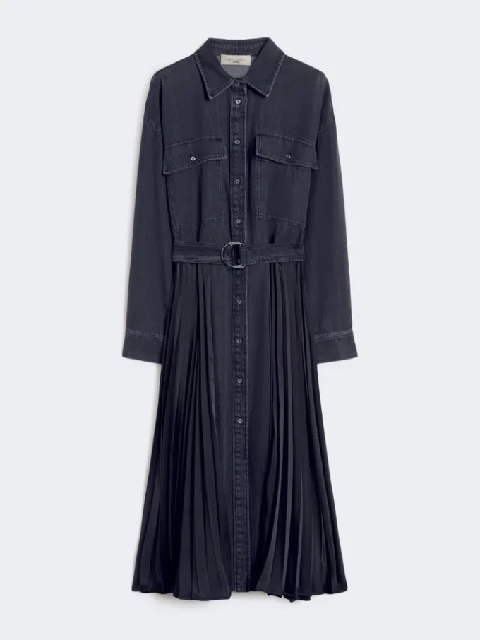 Vestido camisero de denim y satén, negro Vestido camisero de denim y satén, negro