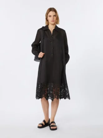 Vestido camisero de gasa de ramio bordado, negro