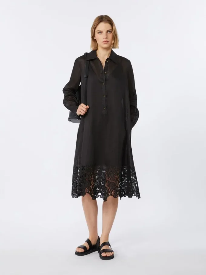 Vestido camisero de gasa de ramio bordado, negro Vestido camisero de gasa de ramio bordado, negro