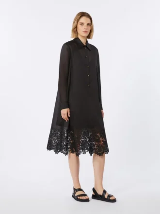 Vestido camisero de gasa de ramio bordado, negro