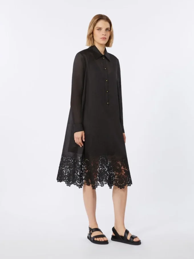 Vestido camisero de gasa de ramio bordado, negro Vestido camisero de gasa de ramio bordado, negro