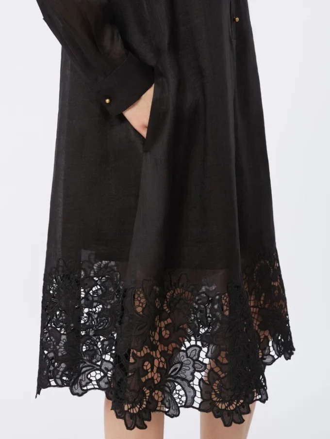 Vestido camisero de gasa de ramio bordado, negro Vestido camisero de gasa de ramio bordado, negro