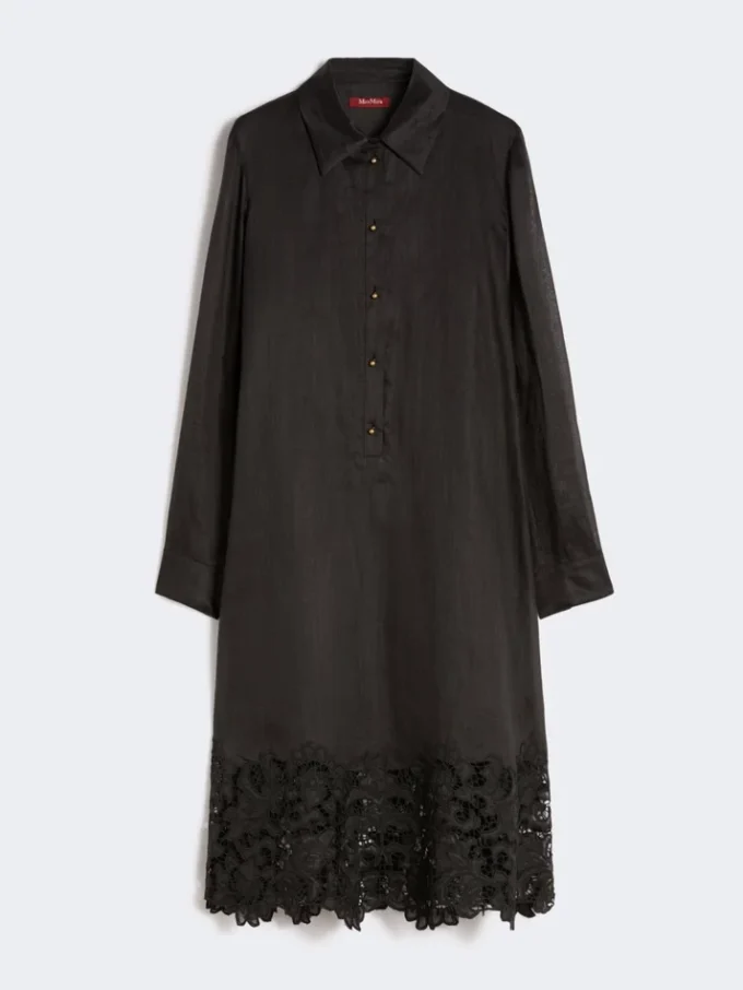 Vestido camisero de gasa de ramio bordado, negro Vestido camisero de gasa de ramio bordado, negro