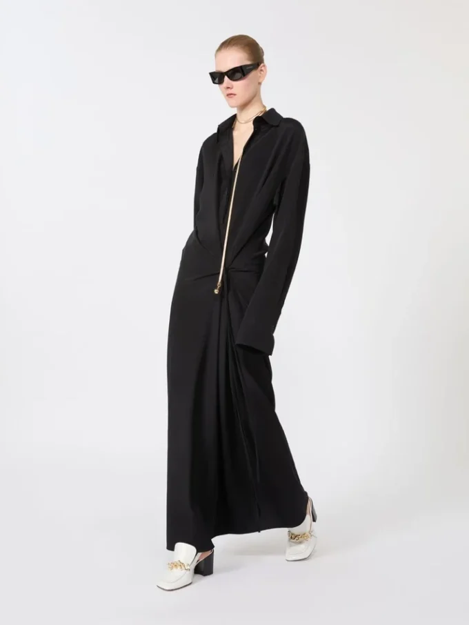 Vestido camisero de seda elástica, negro Vestido camisero de seda elástica, negro