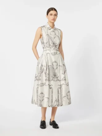 Vestido camisero estampado de mikado, marfil