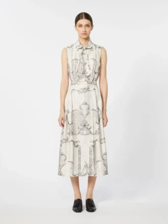Vestido camisero estampado de mikado, marfil