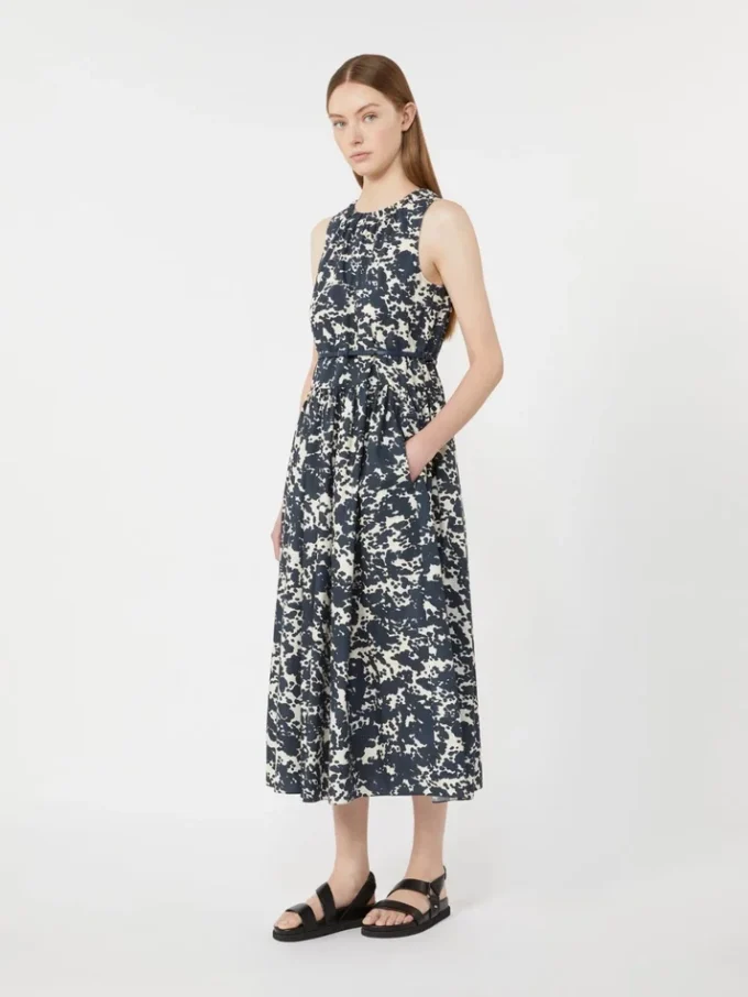 Vestido de algodón estampado con cinturón, azul ultramar