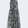 Vestido de algodón estampado con cinturón, azul ultramar