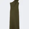 Vestido de satén brillante de un solo hombro, verde musgo Vestido de satén brillante de un solo hombro, verde musgo