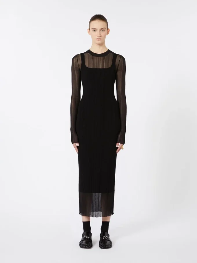 Vestido de viscosa elástica de manga corta, negro Vestido de viscosa elástica de manga corta, negro