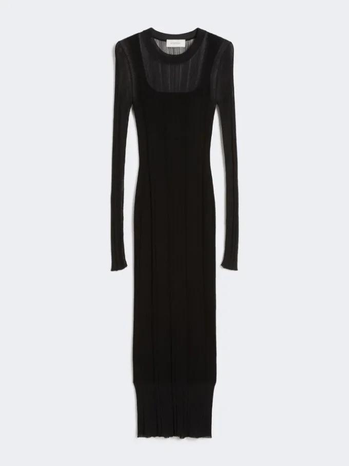 Vestido de viscosa elástica de manga corta, negro Vestido de viscosa elástica de manga corta, negro