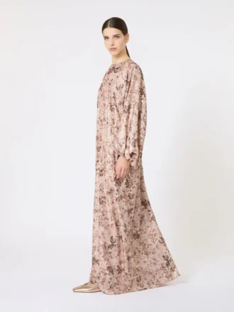 Vestido largo con corte asimétrico y estampado de llamas, oro rosa