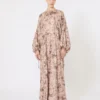 Vestido largo con corte asimétrico y estampado de llamas, oro rosa Vestido largo con corte asimétrico y estampado de llamas, oro rosa