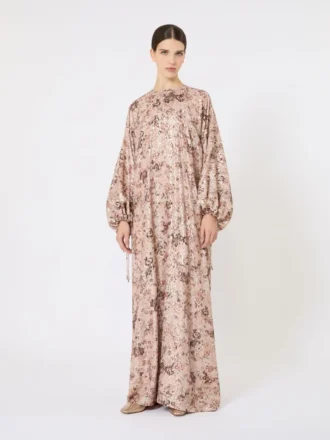 Vestido largo con corte asimétrico y estampado de llamas, oro rosa