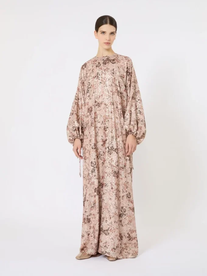 Vestido largo con corte asimétrico y estampado de llamas, oro rosa Vestido largo con corte asimétrico y estampado de llamas, oro rosa