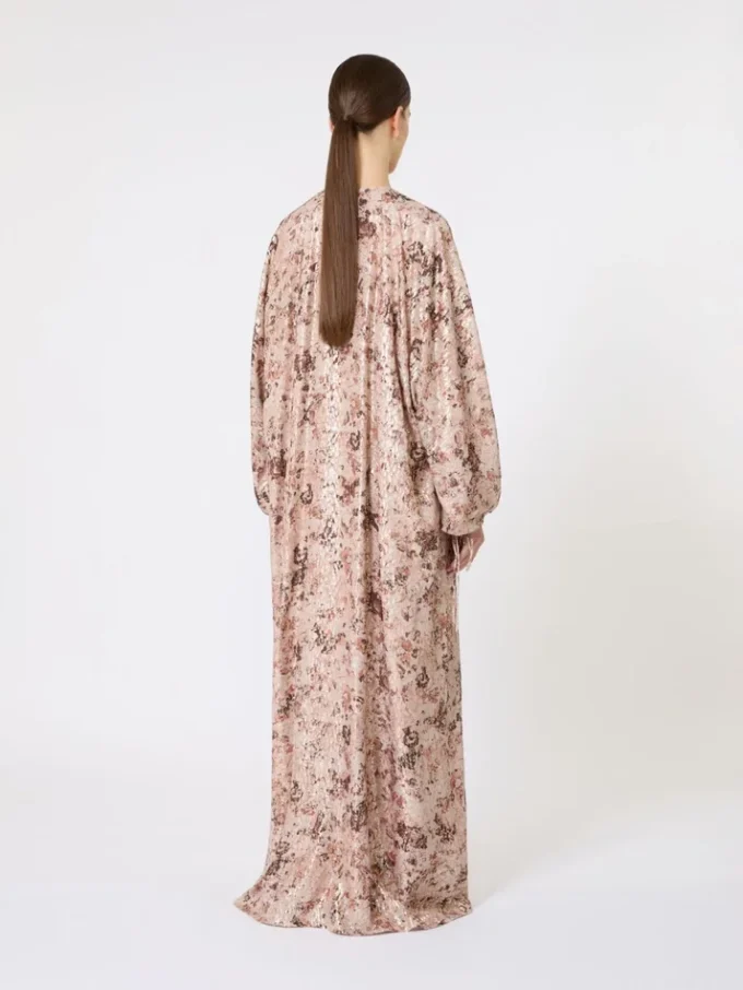 Vestido largo con corte asimétrico y estampado de llamas, oro rosa Vestido largo con corte asimétrico y estampado de llamas, oro rosa