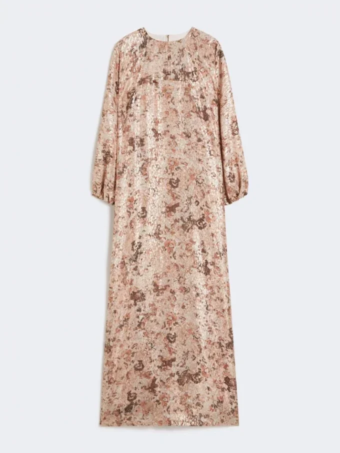 Vestido largo con corte asimétrico y estampado de llamas, oro rosa Vestido largo con corte asimétrico y estampado de llamas, oro rosa