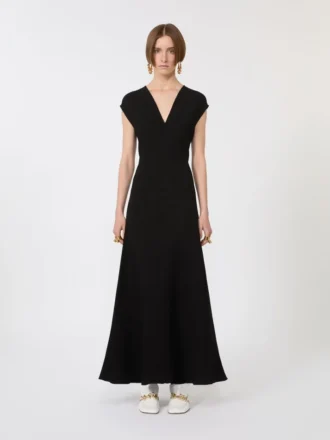 Vestido largo con cuello en V de canneta, negro