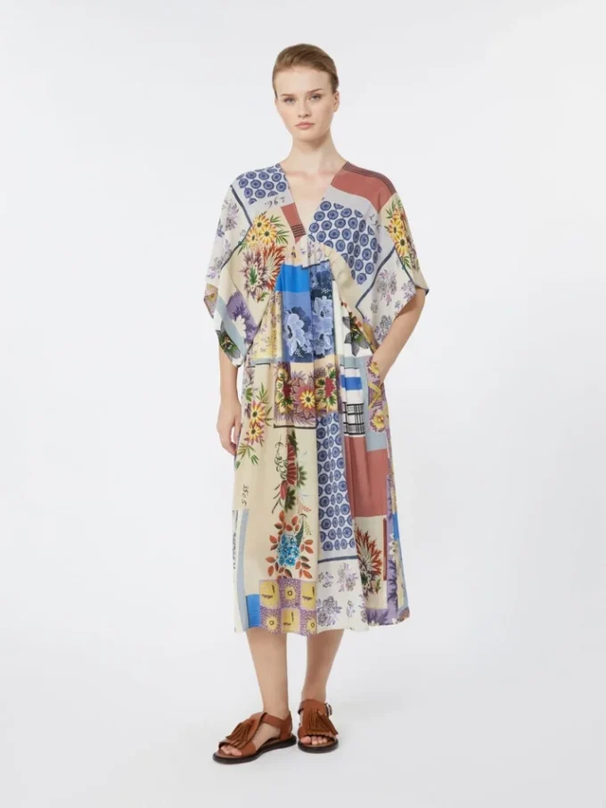 Vestido midi de crepé de seda estampado, multicolor Vestido midi de crepé de seda estampado, multicolor