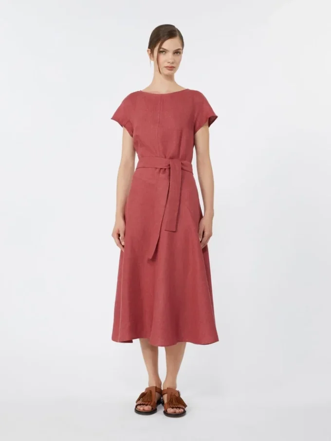 Vestido midi de lona de lino, color cereza Vestido midi de lona de lino, color cereza